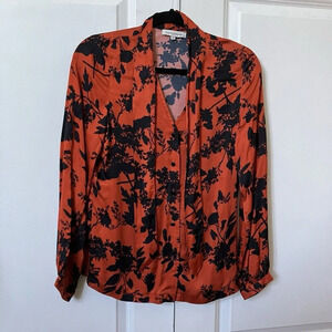 La Petite Francaise Red Black Viscose Satin Floral Lavallière  Blouse